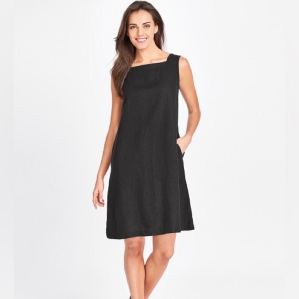 Flax 100% Linen Square Neck Dress Black Size P (0-4 Small)